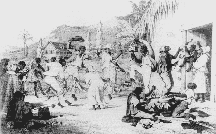 Peinture très stéréotypée d'une danse des esclaves.